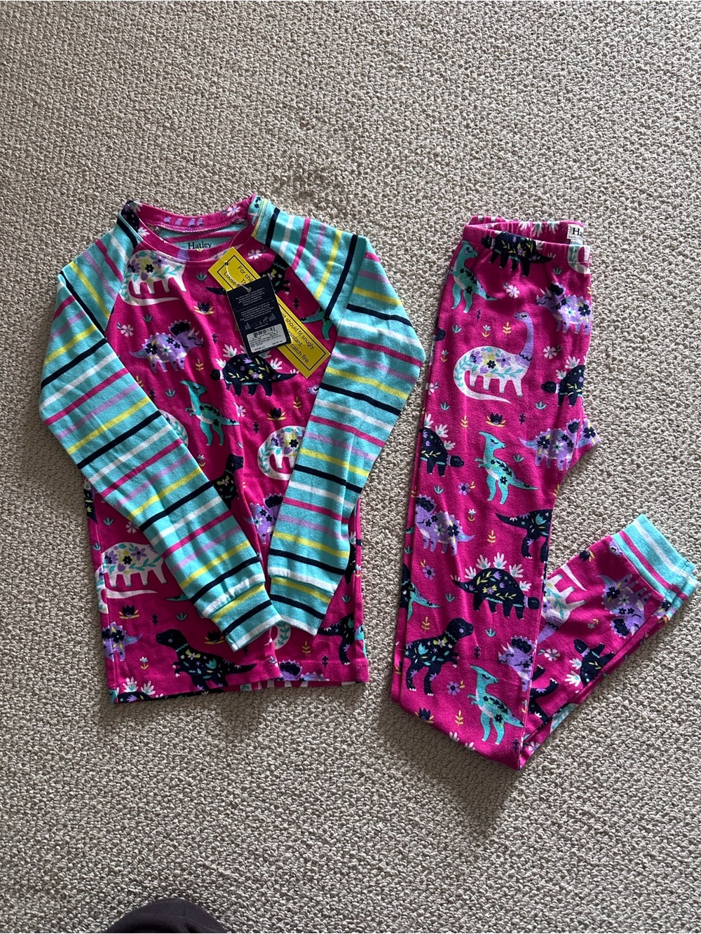 Girls' Pink Dinosaur Stripe Sleeve Pajama Set